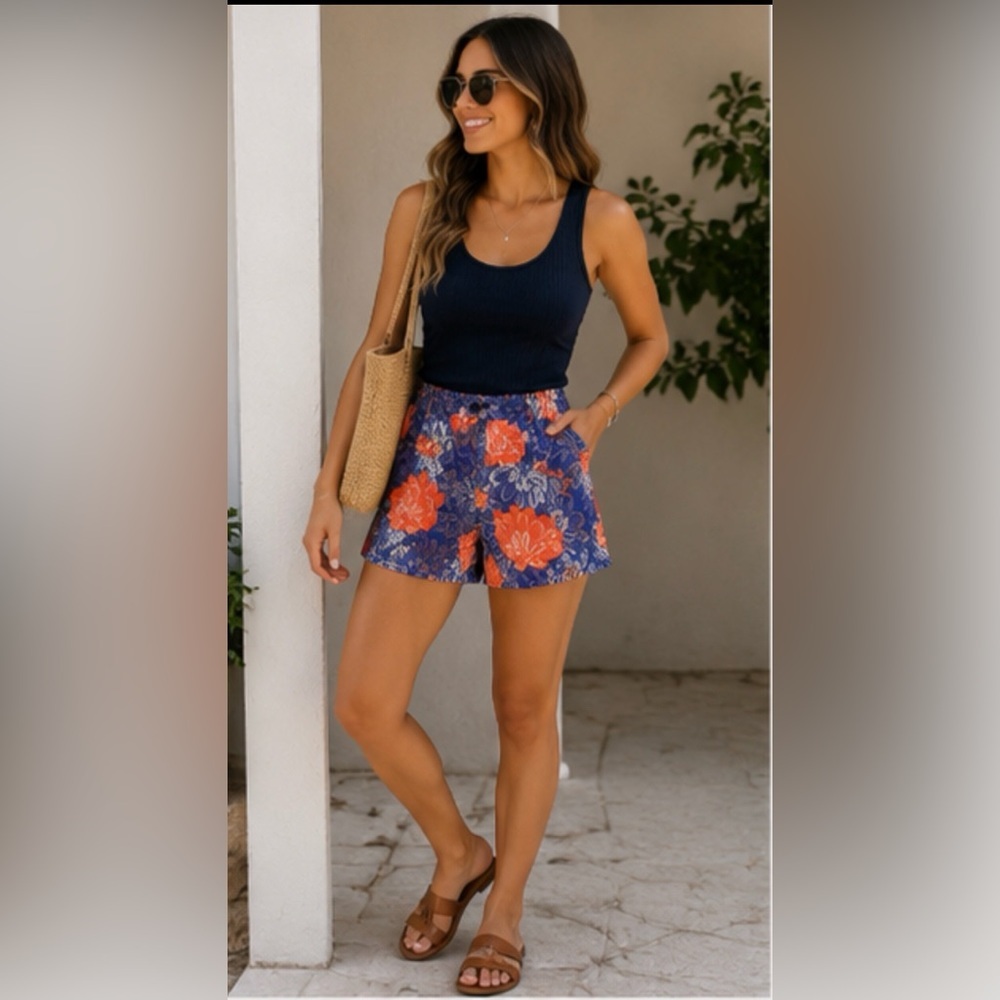 Navy Floral Bermuda Shorts with Orange Bloom Print